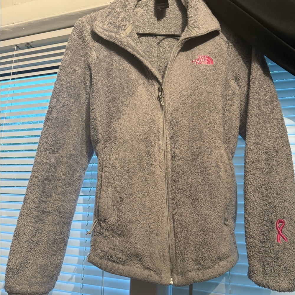 The North Face Gray and Pink Teddy Jacket with Stand-up Collar